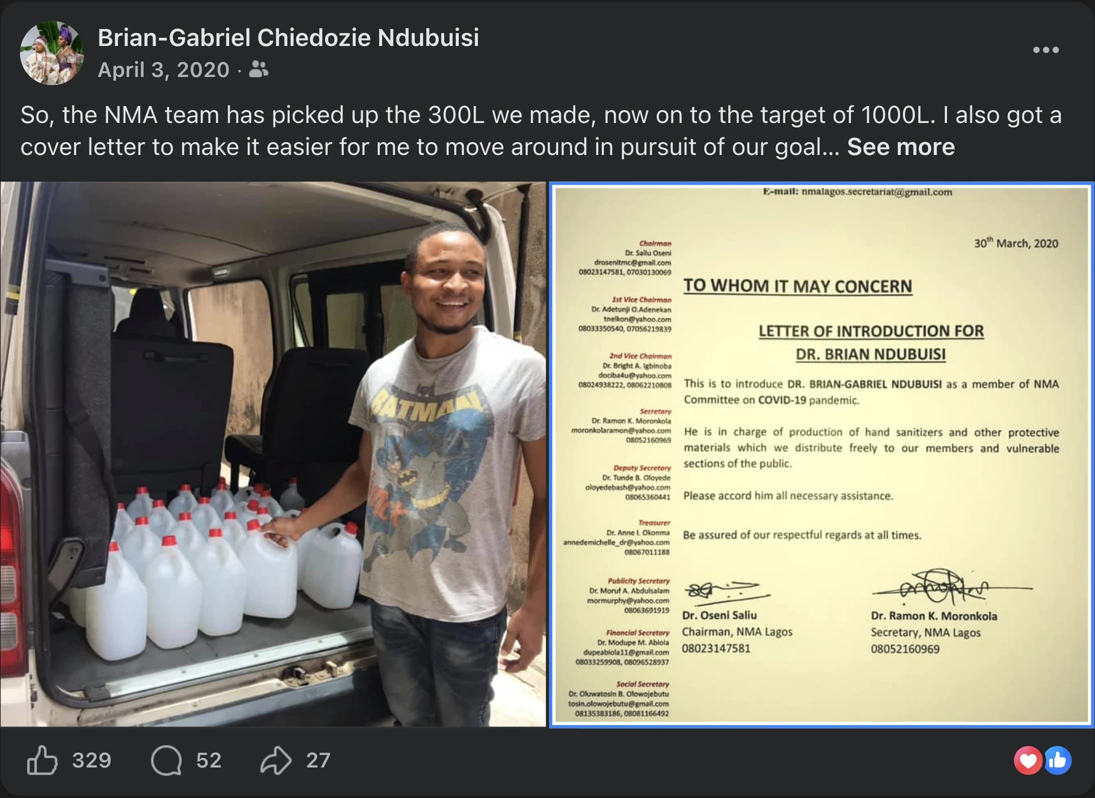 NMA Award — hand sanitiser distribution